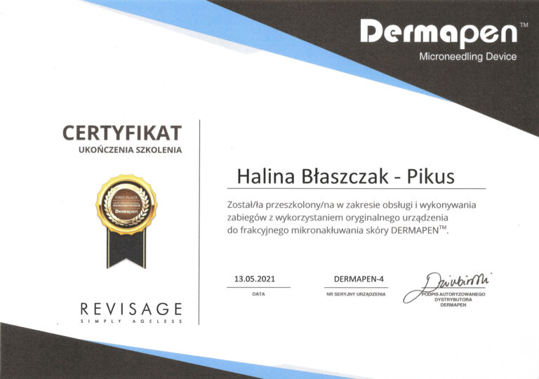Certyfikat szkolenia z obsługi Dermapen 4 i frakcyjnego mikronakłuwania skóry – Halina Błaszczak-Pikus.