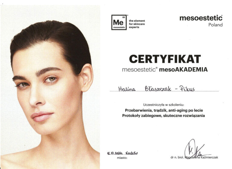 Certyfikat Mesoestetic mesoAKADEMIA ze szkolenia o przebarwieniach, trądziku i anti-aging – Halina Błaszczak-Pikus.