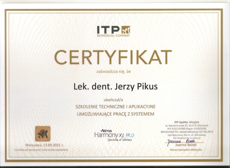 Certyfikat szkolenia technicznego i aplikacyjnego z systemu Harmony XL PRO – Jerzy Pikus.