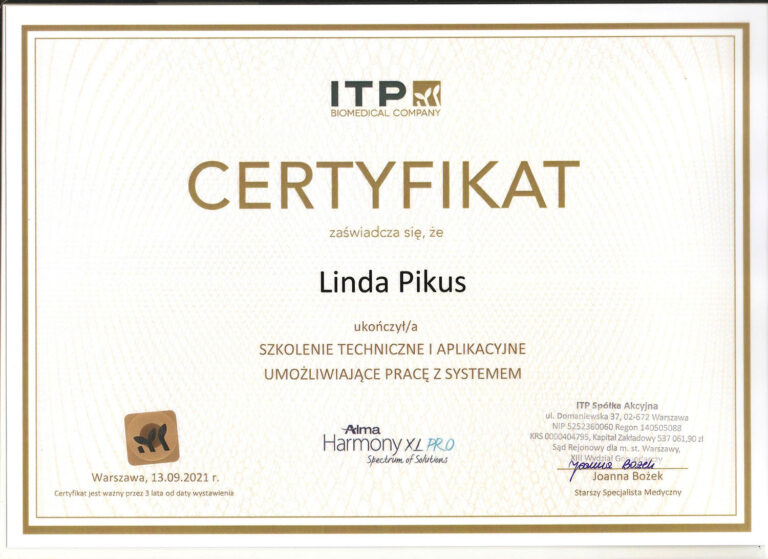 Certyfikat szkolenia technicznego i aplikacyjnego z systemu Harmony XL PRO – Linda Pikus.