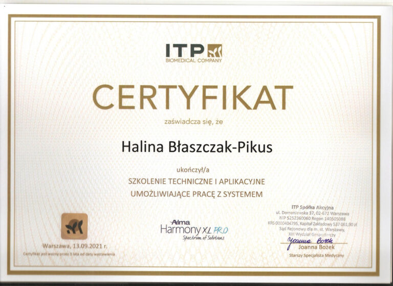 Certyfikat szkolenia technicznego i aplikacyjnego z systemu Harmony XL PRO – Halina Błaszczak-Pikus.