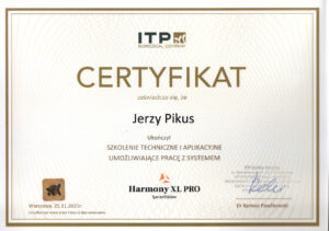 Certyfikat szkolenia technicznego i aplikacyjnego z systemu Harmony XL PRO Special Edition – Jerzy Pikus.