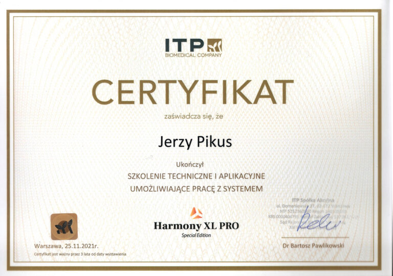 Certyfikat szkolenia technicznego i aplikacyjnego z systemu Harmony XL PRO Special Edition – Jerzy Pikus.