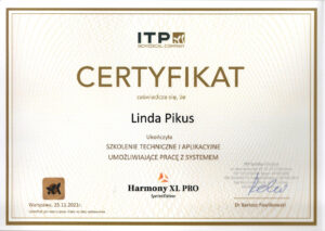 Certyfikat szkolenia technicznego i aplikacyjnego z systemu Harmony XL PRO Special Edition – Linda Pikus.