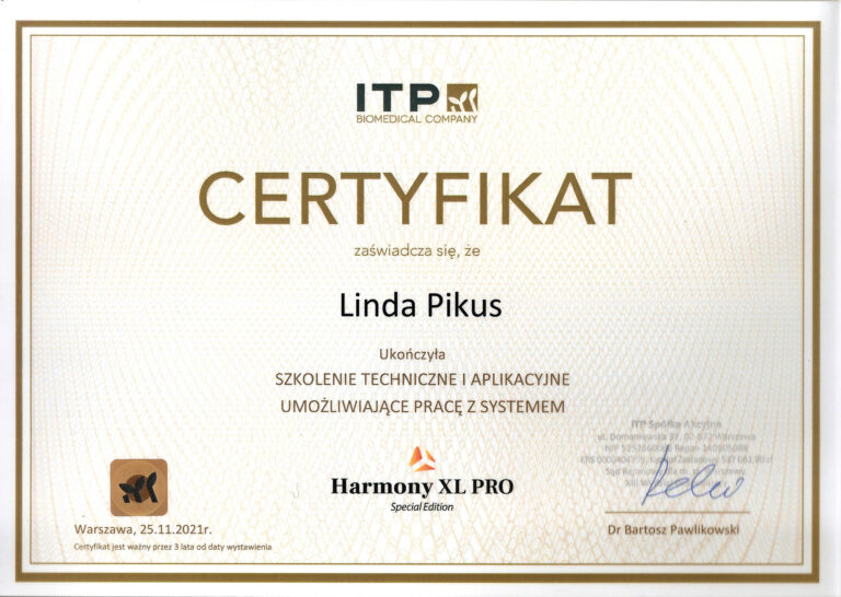 Certyfikat szkolenia technicznego i aplikacyjnego z systemu Harmony XL PRO Special Edition – Linda Pikus.