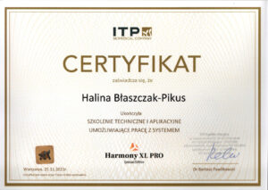 Certyfikat szkolenia technicznego i aplikacyjnego z systemu Harmony XL PRO Special Edition – Halina Błaszczak-Pikus.