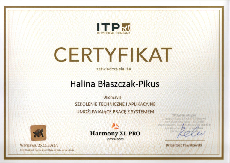 Certyfikat szkolenia technicznego i aplikacyjnego z systemu Harmony XL PRO Special Edition – Halina Błaszczak-Pikus.